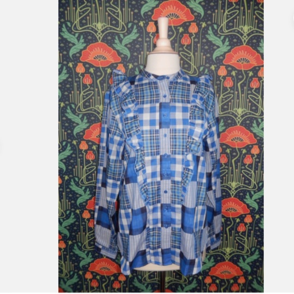 The Shirt Rochelle Behrens Blue Plaid Ruffle Patchwork Top Nwt L - Picture 1 of 5